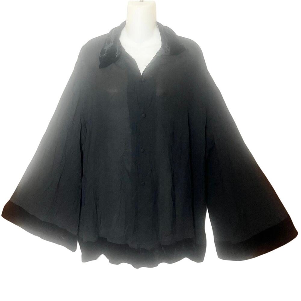 Vivienne Tam Vintage Black Crepe Crinkled Sheer Velvet Trim Top Sz 1 S/M/L